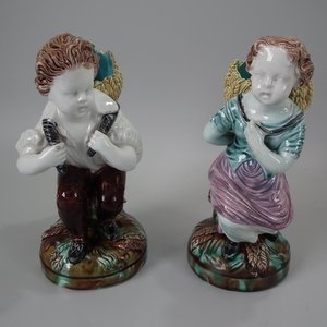 Pair Majolica Harvester Posy Vases
