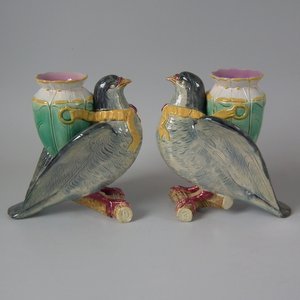 Pair Holdcroft Majolica Dove Posy Vases