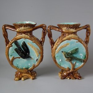 Pair Majolica Moon Vases with Birds