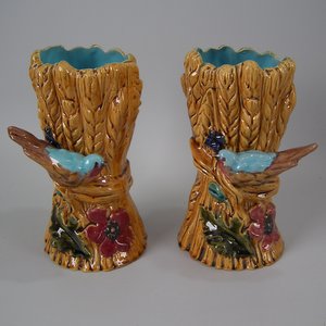 Pair Majolica Bird & Wheatsheaf Vases