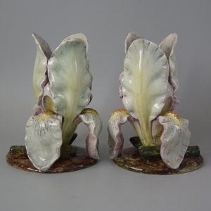 Pair Massier-Style French Majolica Iris Vases