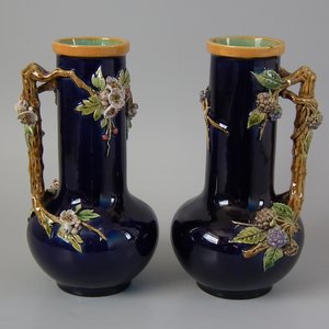 Pair Minton Majolica Berry & Blossom Vases with Handles