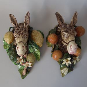 Pair Menton Majolica Donkey Wall Pockets