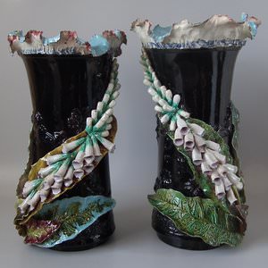 Large Pair Majolica Foxglove Vases