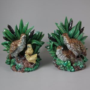 Rare Pair Hugo Lonitz Majolica Partridge & Chicks Planters