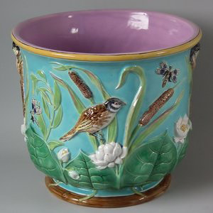 Large George Jones Majolica bird & pond lily jardiniere