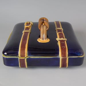 Brown Westhead Moore and Co Majolica Belted Suitcase Box And Cover