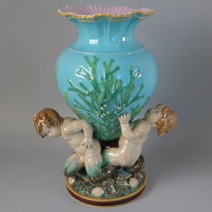 Minton Majolica Vase Supported By Three Merboys