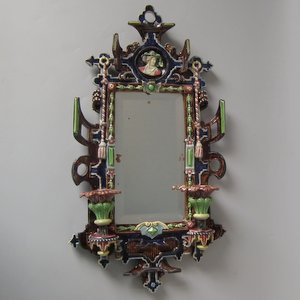 Hugo Lonitz Majolica Mirror with Candle Holders