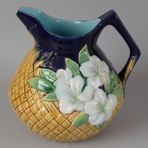 George Jones Majolica Floral And Basketweave Pitcher