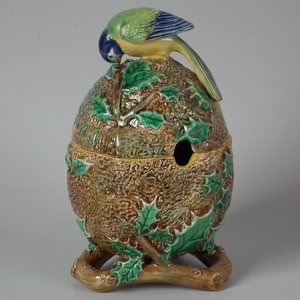 George Jones Majolica Blue Tit Preserve Pot & Lid