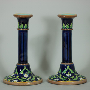 Pair George Jones Majolica Floral Candlesticks