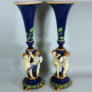 Pair Large Minton Majolica Cherub Trumpet Vases