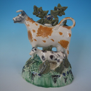 Staffordshire Prattware Cow & Calf Creamer With Bocage