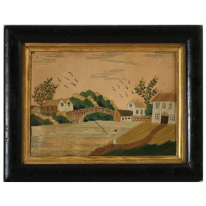 Small Georgian Silkwork River Scene Embroidery