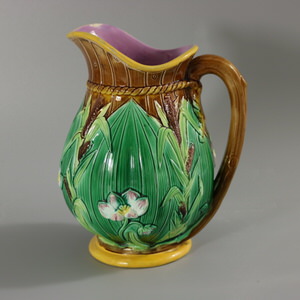 George Jones Majolica Bulrush and Lily Jug/Pitcher