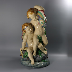 Monumental Minton Majolica Putti and Dolphin Fountain