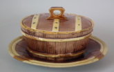 George Jones Majolica barrel butter dish, cover & stand
