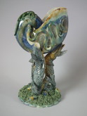 Majolica Palissy fish supporting Nautilus shell vase
