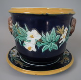 Small Holdcroft Majolica rams head jardinière & stand