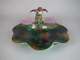 Holdcroft Majolica goldfinch strawberry dish