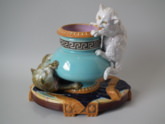 Brownfield Majolica kittens vase with turquoise ground