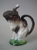 Small Mintons Majolica cat pitcher with pewter lid