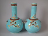 Pair Holdcroft Majolica birds & blossom vases