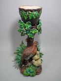 Lonitz Majolica partridge & chicks cache pot and stand