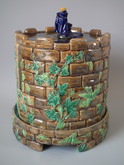 George Jones Majolica castle cheese dome & stand