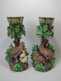 Pair Lonitz Majolica partridge & chicks cache pots and stands