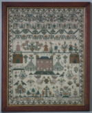 Antique Sampler, 1821 Busy Motif House Sampler by M Cusin