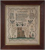 Antique Sampler, 1844, by Ann Riddell with Castle scene.