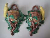 Pair JRL Majolica bird & nest wall pockets