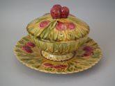 Sarreguemines Majolica cherry preserve pot & cover