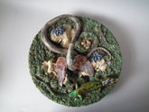 Large Rare Caldas Majolica Palissy bird and snake wall charger