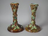 Pair George Jones Majolica Tree Candlesticks