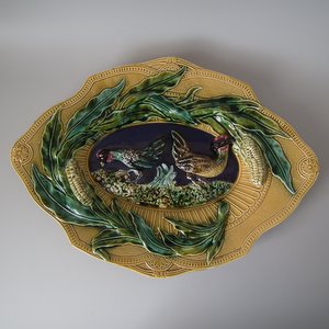 French Majolica Cockerels With Corn Platter