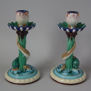 Pair Royal Worcester Majoica Dolphin & Shell Candlesticks