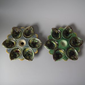 Pair French Palissy Majolica Oyster Plates