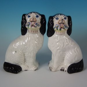 Pair Staffordshire Disraeli Flower Basket Spaniels