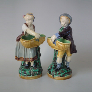 Pair Minton Majolica boy/girl with basket figures