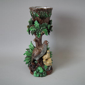Hugo Lonitz Majolica partridge & chicks cache pot and stand