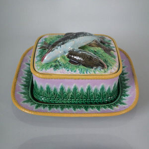 George Jones Majolica Sardine dish, cover & stand