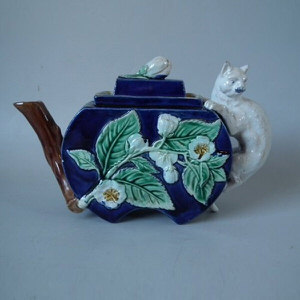 Majolica Teapot with Cat Handle