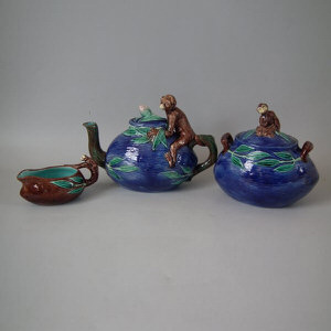 JRL Majolica Monkey, Teapot, Sugar and Creamer