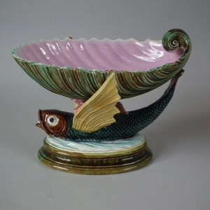 Majolica Flying Fish with Shell Dish
