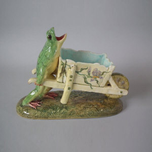 Delphin Massier Majolica Frog with Wheelbarrow