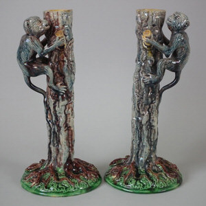 Pair Majolica Palissy monkey candlestick holders