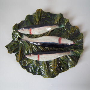 Cunha Majolica Palissy sardines on leaf wall plate